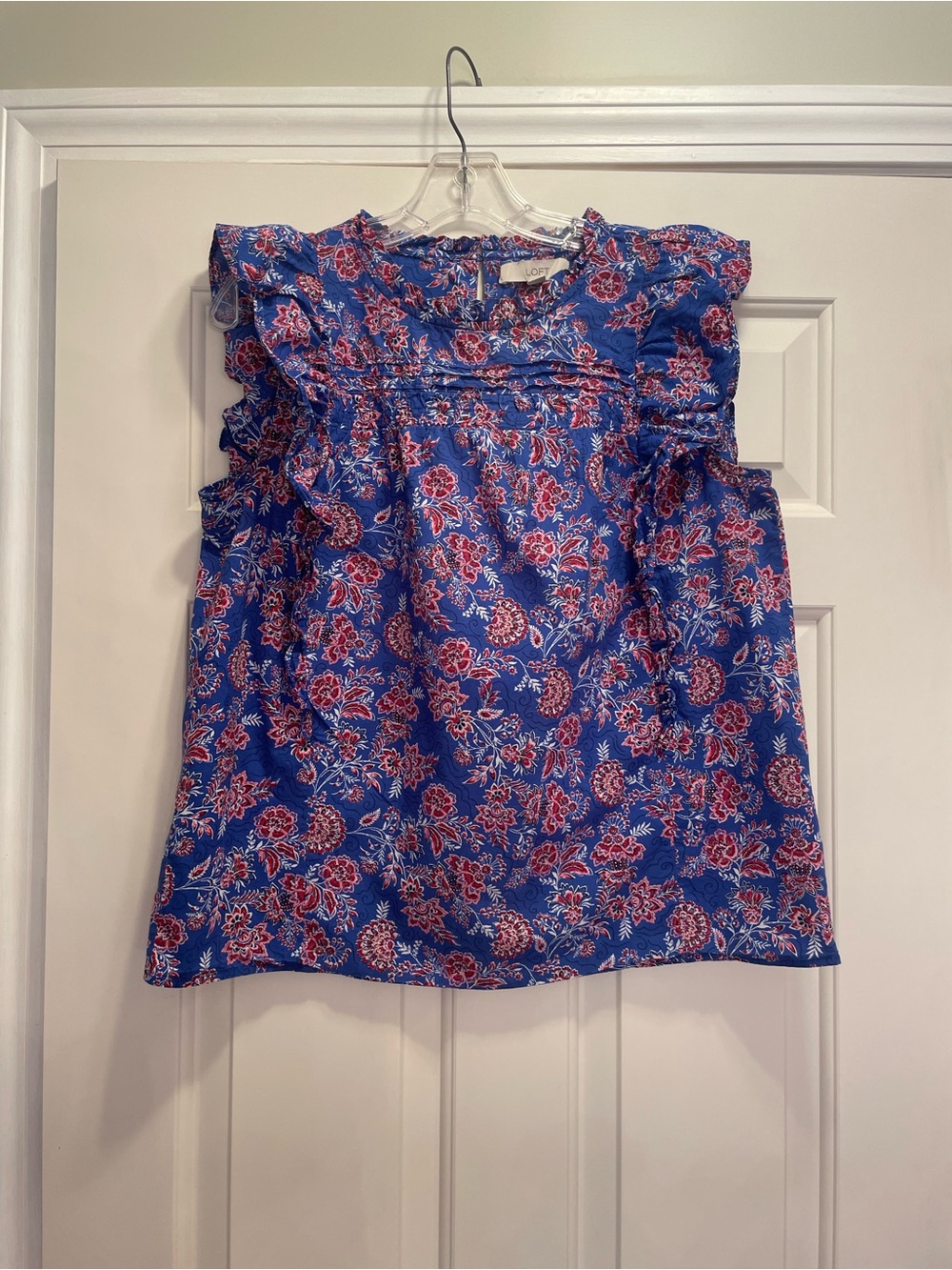 LOFT Blue Floral Ruffle Sleeve Blouse